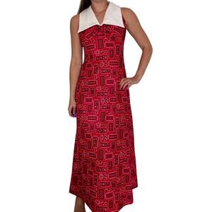 Vintage 1970s Allegro Bandana Print Polyester Maxi Dress Oversized White Collar